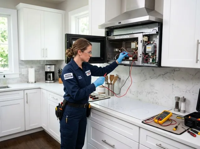 Appliance Repair Hero technician testing an over-the-range microwave in a Atkins, VA kitchen